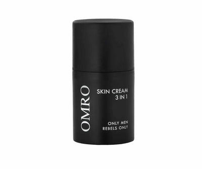 OMRO Skin Cream 3 in 1 in schwarzem zylindrischem Tiegel mit weißer Aufschrift „Only Men Rebels Only“, Vorderansicht