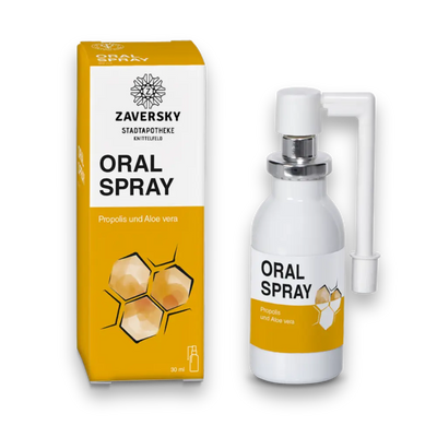  Zaversky Oral Spray mit Propolis und Aloe vera, 30 ml, weiße Sprühflasche neben gelb-weißer Verpackung mit Wabenmotiv.