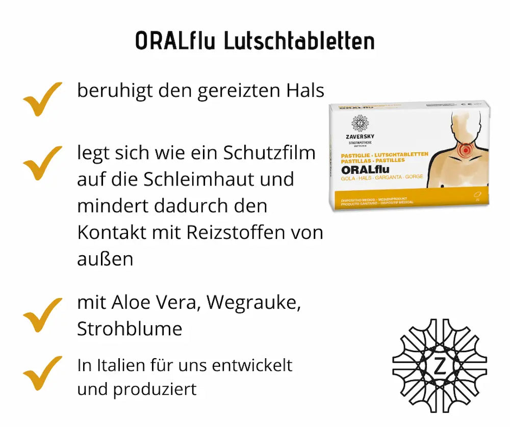 ORALflu Lutschtabletten der Zaversky Stadtapotheke mit Produktvorteilen für den gereizten Hals und Z-Logo

