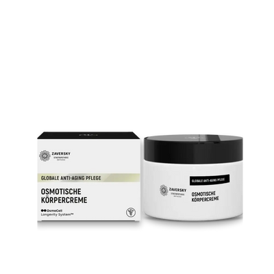 Zaversky OsmoCell Osmotische Körpercreme, Verpackung und Tiegel mit schwarzem Deckel, Aufschrift Globale Anti-Aging Pflege.