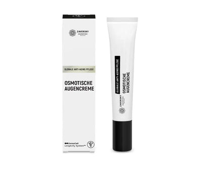 Zaversky Osmotische Augencreme, weiße Tube mit schwarzem Deckel neben weißer Verpackung, Aufschrift „Globale Anti-Aging Pflege"