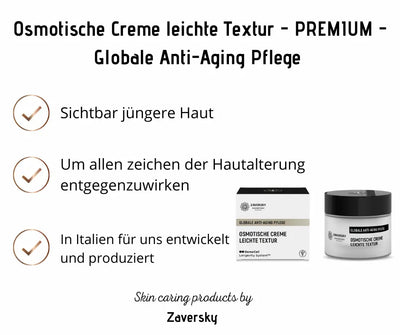 Infografik zur Osmotischen Creme leichte Textur von Zaversky mit Verpackung, Tiegel und Vorteilen wie sichtbar jüngerer Haut