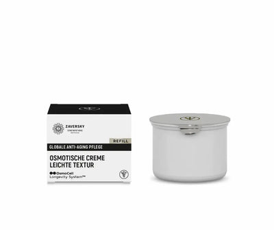 Zaversky Osmotische Creme Leichte Textur Refill, weiße Faltschachtel und silberner Nachfülltiegel, Globale Anti-Aging Pflege