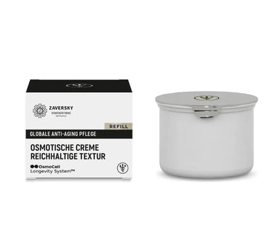 Zaversky Osmotische Creme Reichhaltige Textur Refill, weiße Faltschachtel mit silbernem Nachfülltiegel, globale Anti-Aging Pflege