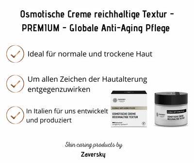 Infografik zur Osmotischen Creme reichhaltige Textur von Zaversky mit Faltschachtel und Tiegel sowie Hinweisen zur Anti-Aging-Pflege für normale und trockene Haut