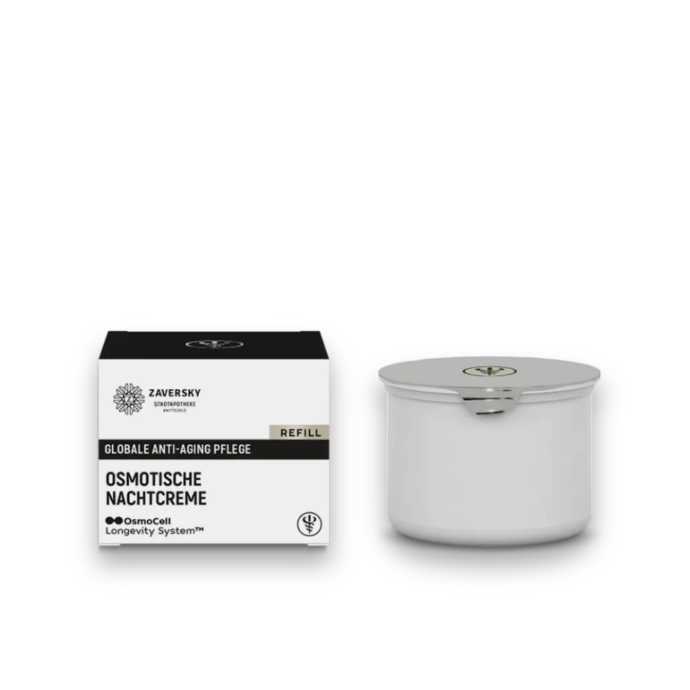 Zaversky Osmotische Nachtcreme, Globale Anti-Aging Pflege, Refill, mit Verpackung und weißem Tiegel, silberner Deckel, OsmoCell Longevity System.