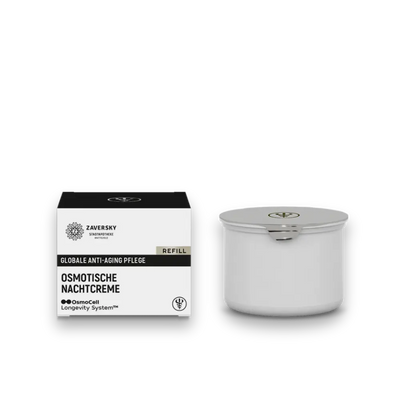 Zaversky Osmotische Nachtcreme, Globale Anti-Aging Pflege, Refill, mit Verpackung und weißem Tiegel, silberner Deckel, OsmoCell Longevity System.