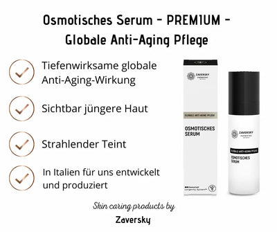 Infografik zum Osmotischen Serum Premium von Zaversky mit Verpackung und Spender, hervorgehoben werden globale Anti-Aging-Pflege, jüngere Haut und strahlender Teint.