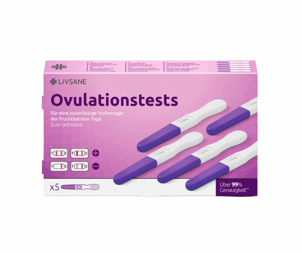 Livsane Ovulationstests 5 Stück in lila-rosa Verpackung mit über 99 % Genauigkeit, zum Selbsttest für die fruchtbarsten Tage