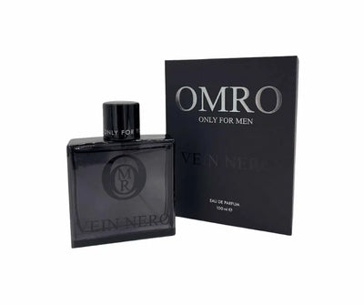 OMRO Vein Nero Only for Men Eau de Parfum 100 ml in schwarzem Flakon neben schwarzer Verpackung, Vorderansicht