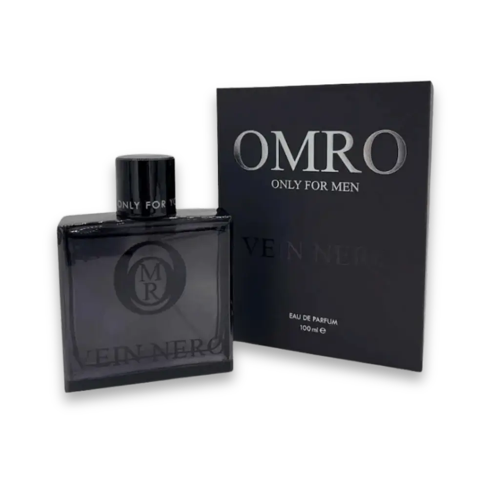 OMRO Vein Nero Only for Men Eau de Parfum 100 ml in schwarzem Flakon neben schwarzer Verpackung, Vorderansicht