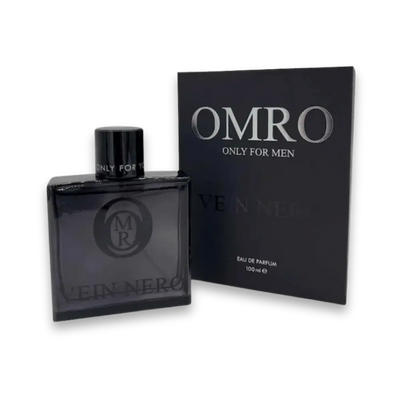 OMRO Vein Nero Only for Men Eau de Parfum 100 ml in schwarzem Flakon neben schwarzer Verpackung, Vorderansicht