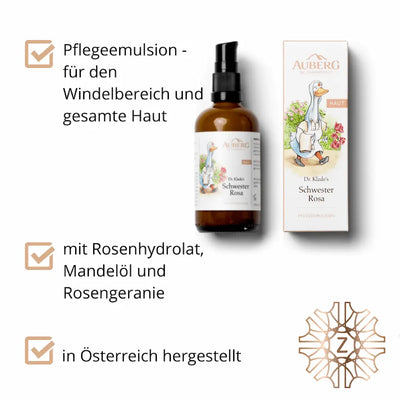 Auberg Dr. Klade's Schwester Rosa Pflegeemulsion in brauner Pumpflasche neben Verpackung, Infografik mit Anwendungshinweisen und Inhaltsstoffen.