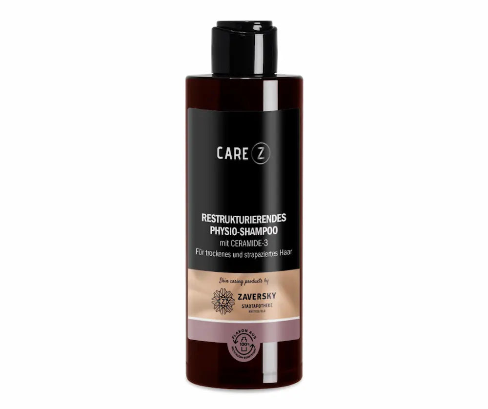 Care Z Restrukturierendes Physio-Shampoo mit Ceramide-3 für trockenes und strapaziertes Haar in brauner Flasche mit schwarzem Etikett
