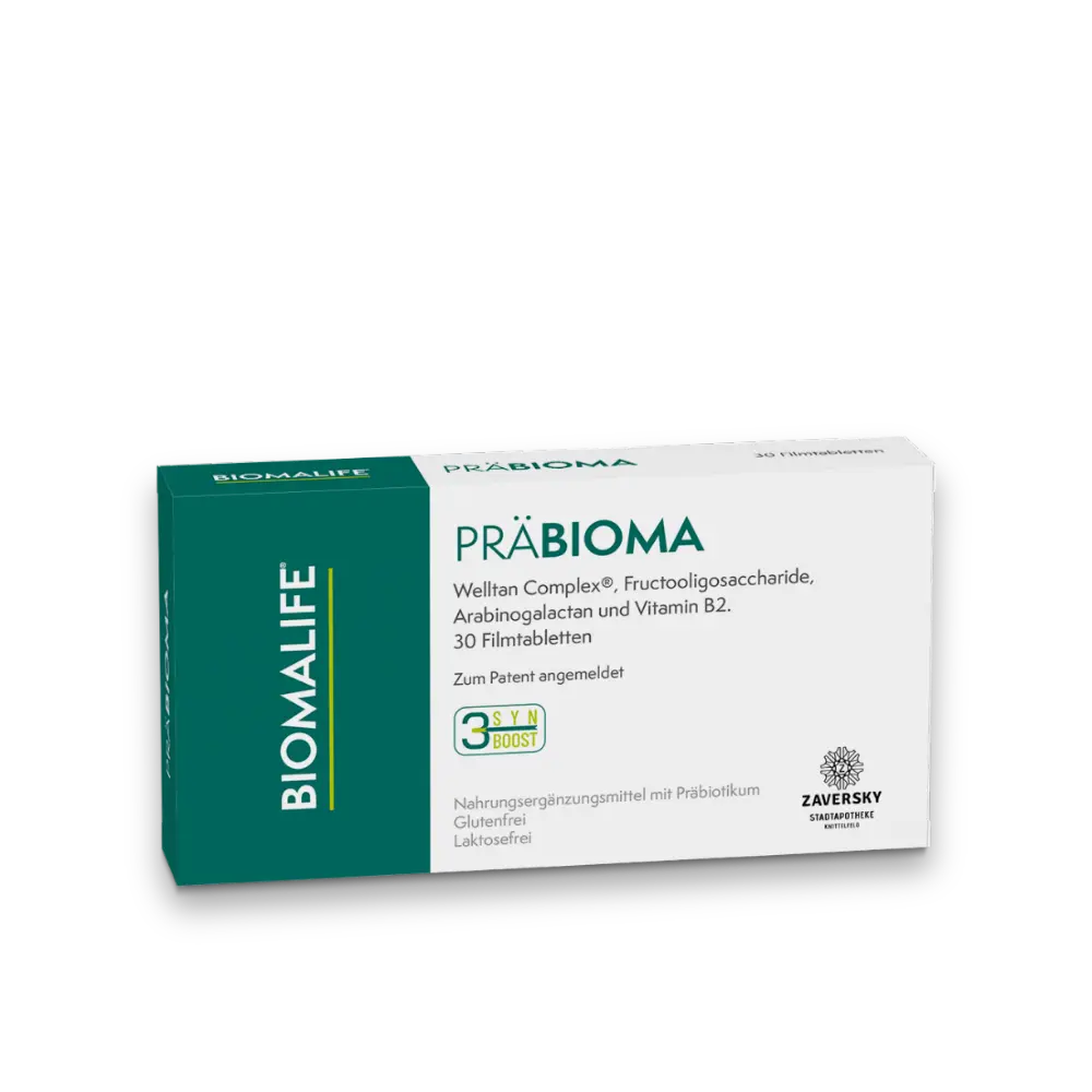 Verpackung Präbioma von Biomalife, grün-weiße Schachtel, 30 Filmtabletten mit Präbiotikum, glutenfrei und laktosefrei.
