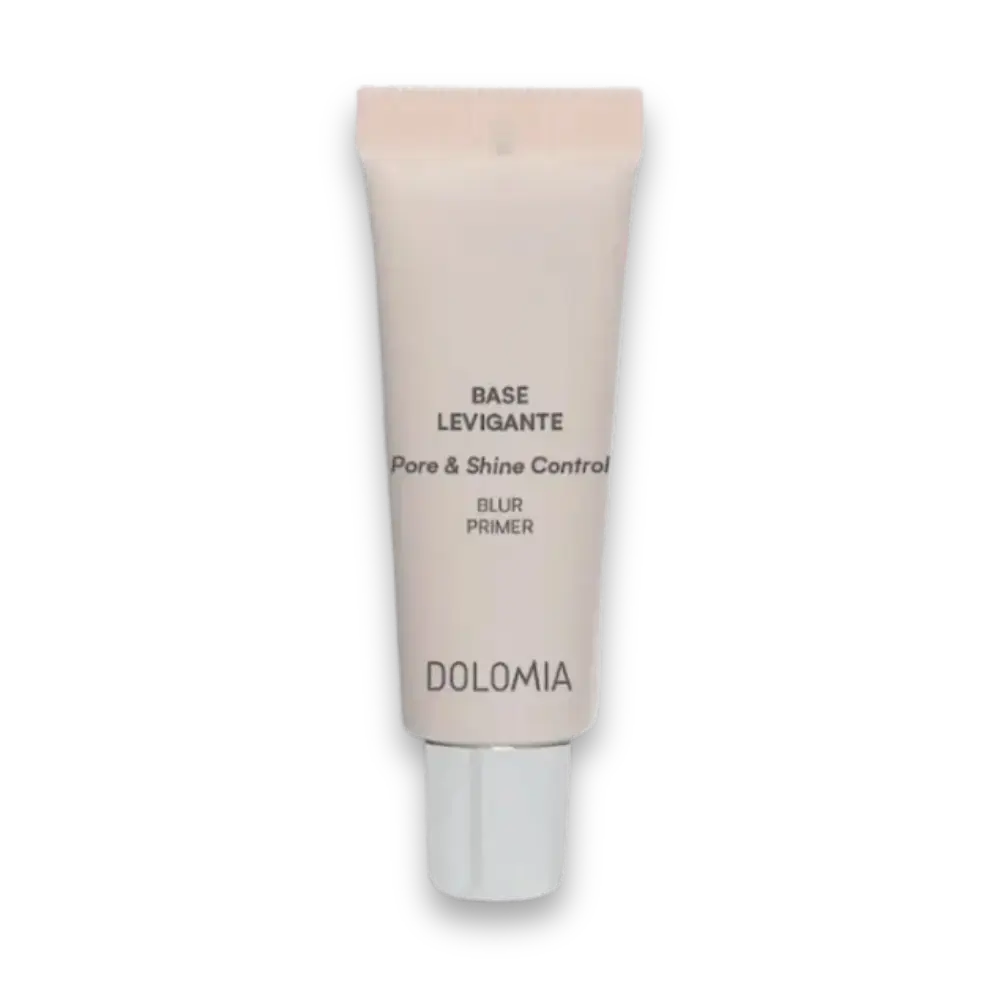 Dolomia Base Levigante Pore & Shine Control Blur Primer in rosafarbener Tube mit silbernem Verschluss, Vorderansicht