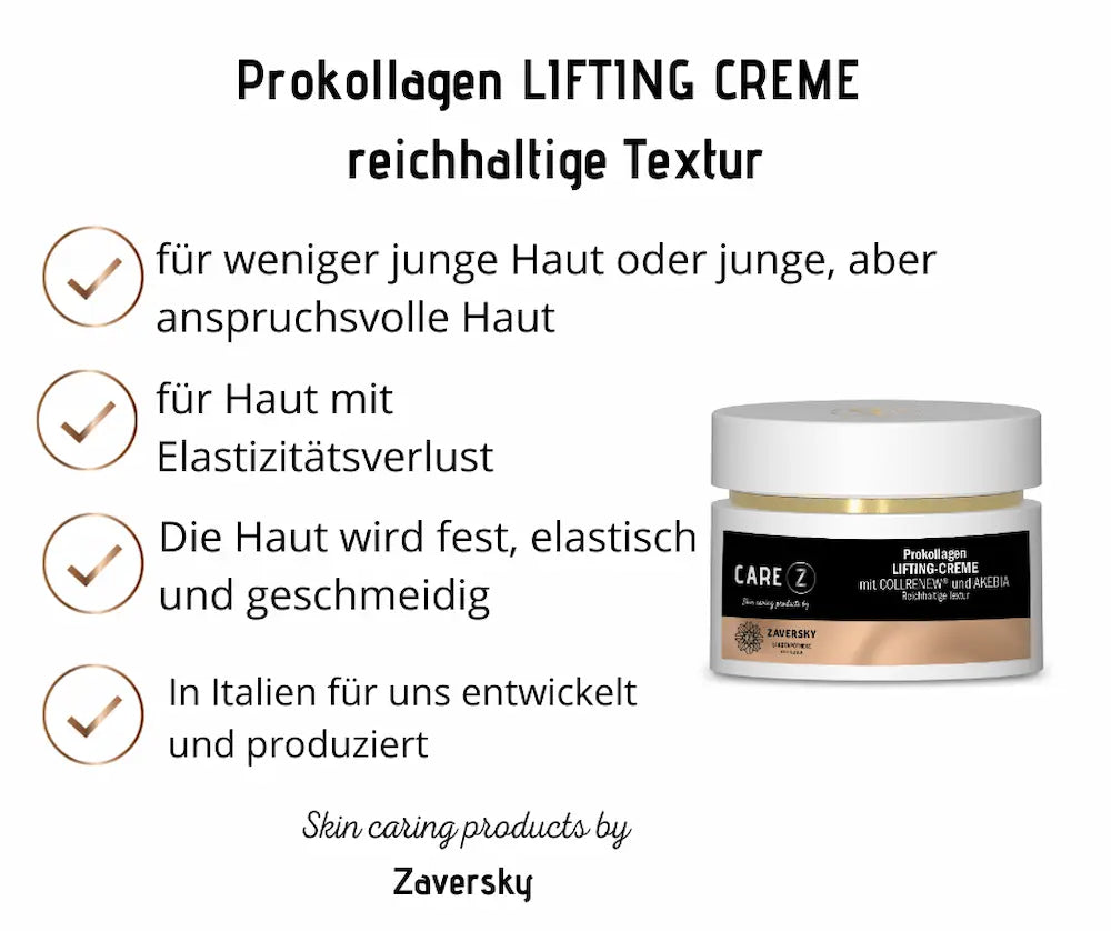 Infografik zur Prokollagen Lifting-Creme von CARE Z mit weißem Tiegel und vier Vorteilen für reifere, anspruchsvolle Haut