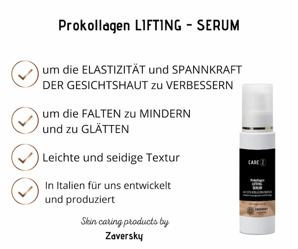 Infografik zum Prokollagen Lifting-Serum CARE Z mit Vorteilen als Checkliste und Produktflasche mit Pumpspender.