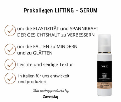 Infografik zum Prokollagen Lifting-Serum CARE Z mit Vorteilen als Checkliste und Produktflasche mit Pumpspender.