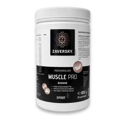 Zaversky Muscle Pro Proteinpulver Banane in weißer Dose mit schwarzem Etikett, 800 g, CFM Whey Protein Isolat, ohne Süßungsmittel