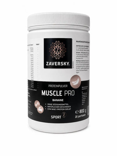 Zaversky Muscle Pro Proteinpulver Banane in weißer Dose mit schwarzem Etikett, 800 g, CFM Whey Protein Isolat, ohne Süßungsmittel