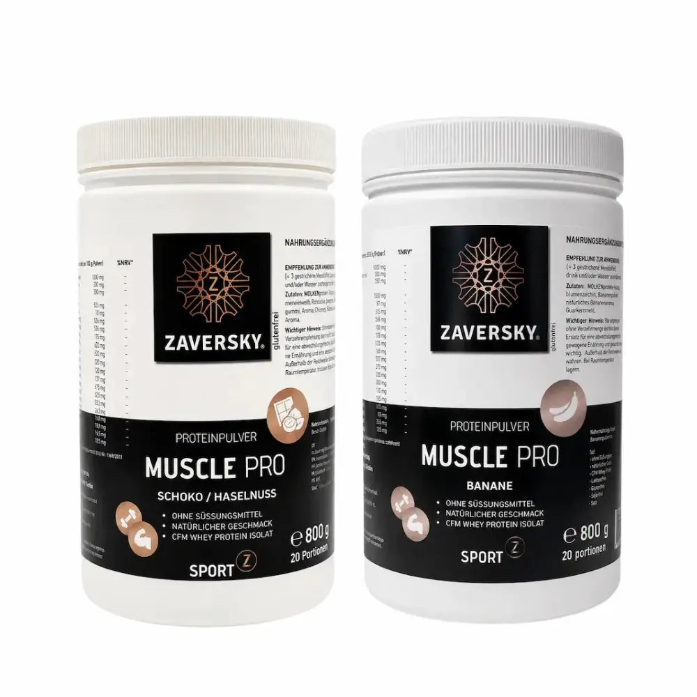 Zwei Zaversky Muscle Pro Proteinpulver-Dosen in Weiß, Sorten Schoko/Haselnuss und Banane, je 800 g, mit CFM Whey Protein Isolat