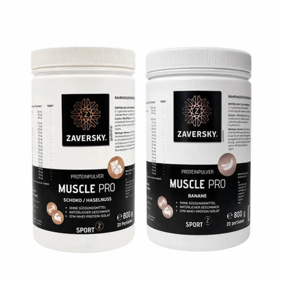 Zwei Zaversky Muscle Pro Proteinpulver-Dosen in Weiß, Sorten Schoko/Haselnuss und Banane, je 800 g, mit CFM Whey Protein Isolat