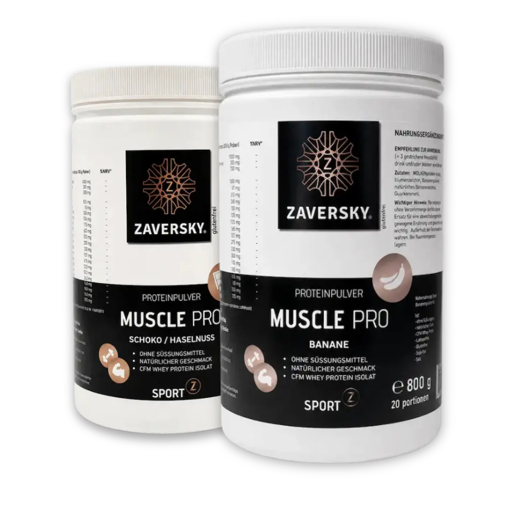 Zwei Zaversky Muscle Pro Proteinpulver-Dosen in Weiß, Sorten Schoko/Haselnuss und Banane, je 800 g, mit CFM Whey Protein Isolat