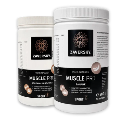 Zwei Zaversky Muscle Pro Proteinpulver-Dosen in Weiß, Sorten Schoko/Haselnuss und Banane, je 800 g, mit CFM Whey Protein Isolat