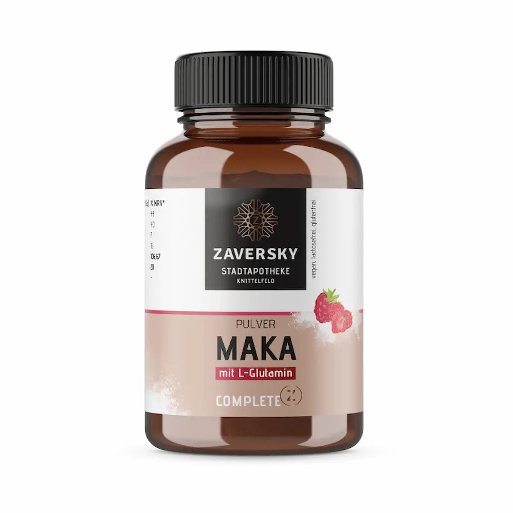 Zaversky Complete Z Pulverdose MAKA mit L-Glutamin, braune Dose mit schwarzem Deckel, Etikett mit Himbeeren, vegan, laktose- und glutenfrei.