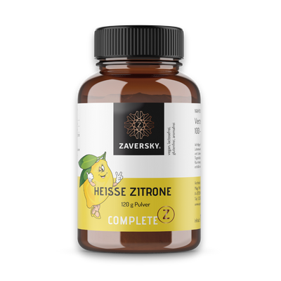  Zaversky Complete Z Heiße Zitrone 120 g Pulver, braune Dose mit Zitronen-Maskottchen und schwarzem Schraubverschluss.