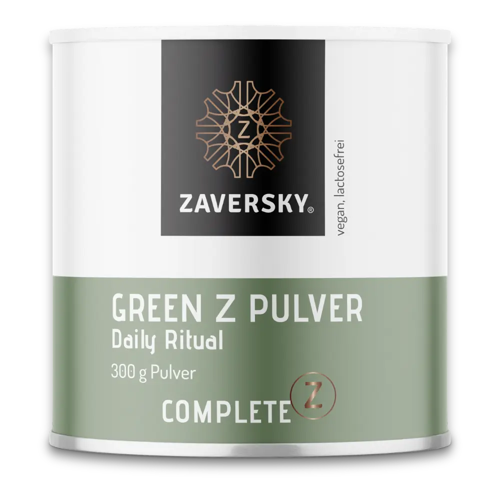  Zaversky Green Z Pulver, Daily Ritual, 
300 g in weiß-grüner Dose mit Complete Z Logo, vegan und lactosefrei