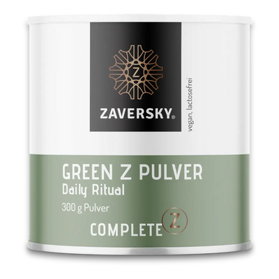  Zaversky Green Z Pulver, Daily Ritual, 
300 g in weiß-grüner Dose mit Complete Z Logo, vegan und lactosefrei