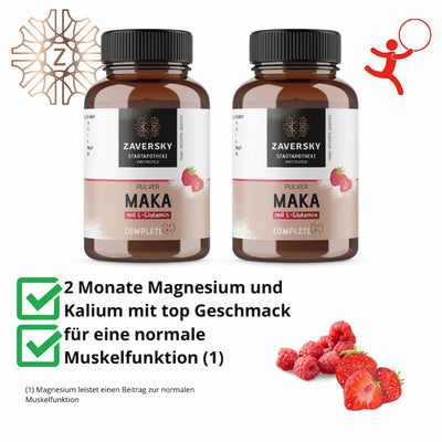 Zwei braune Pulverdosen Zaversky MAKA Complete mit L-Glutamin, Etikett „Pulver“, Himbeeren-Illustration und Checklisten-Grafik zu Magnesium und Kalium.