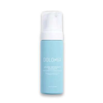 Dolomia Mousse Detergente Idratante Reinigungsmousse in hellblauer Pumpflasche mit weißem Schaumspender, Vorderansicht