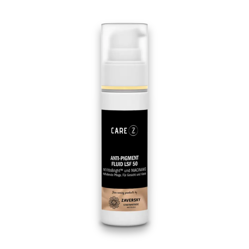 CARE Z Anti-Pigment Fluid LSF 50 im weißen Pumpspender mit schwarzem Etikett, mit VitisBright und Niacinamid für Gesicht und Hände