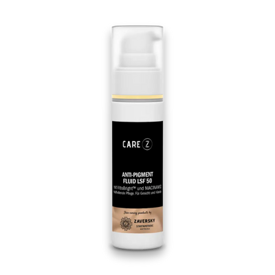 CARE Z Anti-Pigment Fluid LSF 50 im weißen Pumpspender mit schwarzem Etikett, mit VitisBright und Niacinamid für Gesicht und Hände