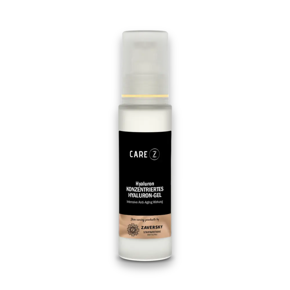 CARE Z Konzentriertes Hyaluron-Gel im weißen Pumpspender mit schwarzem Etikett, Intensive Anti-Aging Wirkung, von Zaversky Stadtapotheke.