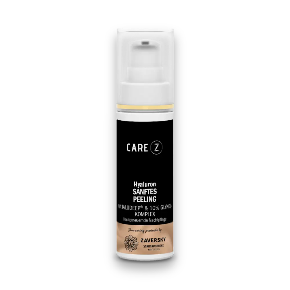 CARE Z Hyaluron Sanftes Peeling, weißer Pumpspender mit schwarz-goldenem Etikett, hautemeuernde Nachtpflege mit Ialudeep & 10% Glykolkomplex.