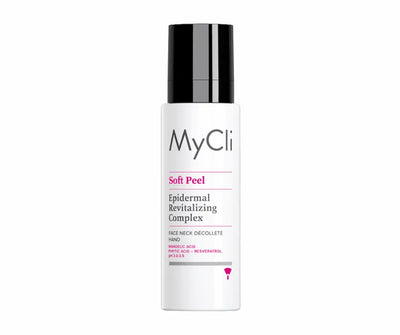 MyCli Soft Peel Epidermal Revitalizing Complex im weißen Pumpspender mit schwarzem Deckel für Gesicht, Hals, Dekolleté und Hände
