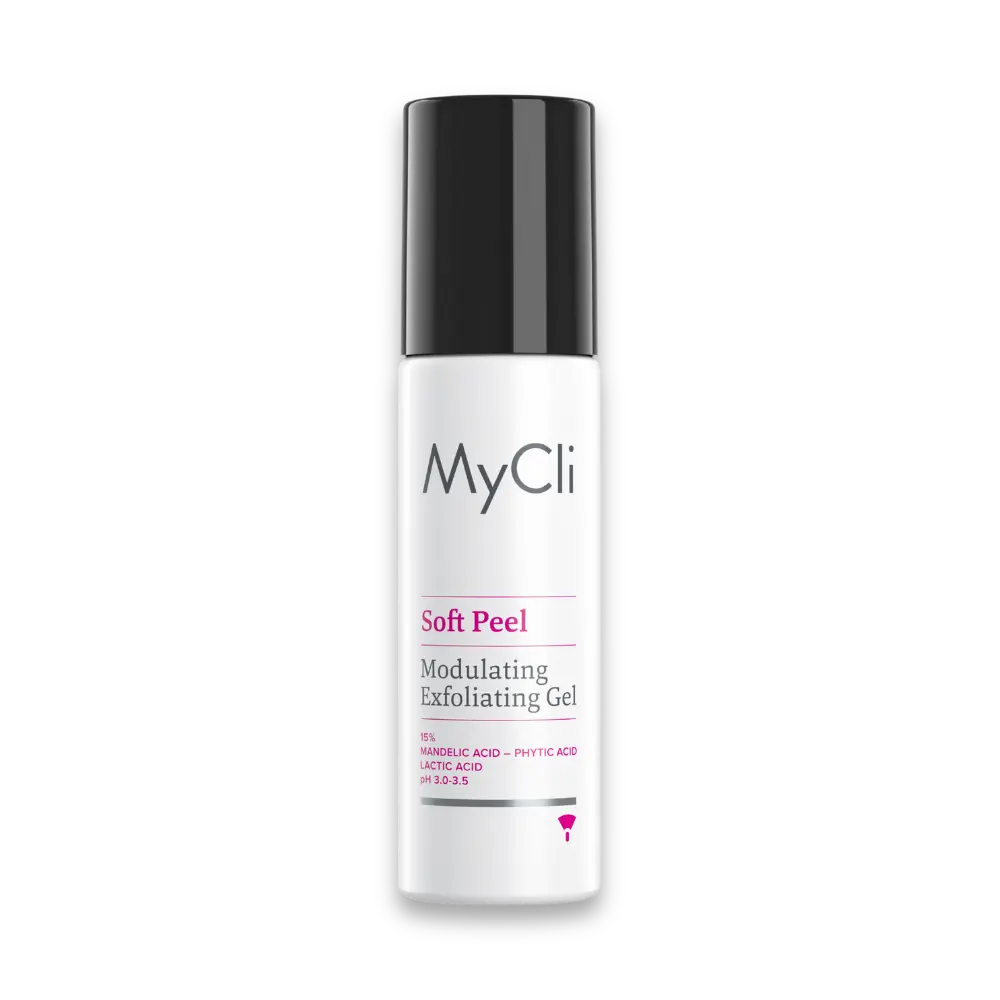 MyCli Soft Peel Epidermal Revitalizing Complex im weißen Pumpspender mit schwarzem Deckel für Gesicht, Hals, Dekolleté und Hände