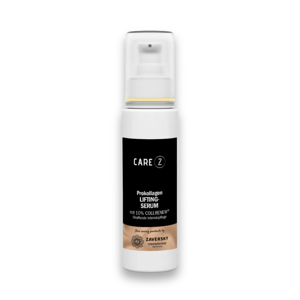 CARE Z Prokollagen Lifting-Serum mit 10% Collrenew im weißen Pumpspender mit schwarzem Etikett, Vorderansicht