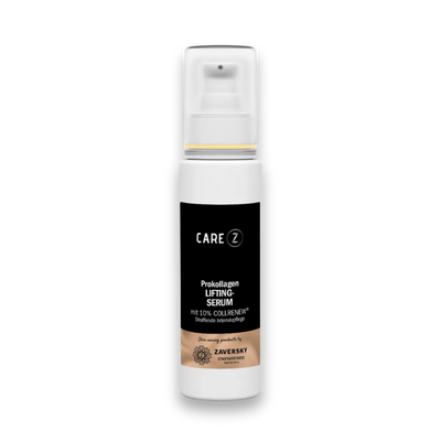 CARE Z Prokollagen Lifting-Serum mit 10% Collrenew im weißen Pumpspender mit schwarzem Etikett, Vorderansicht