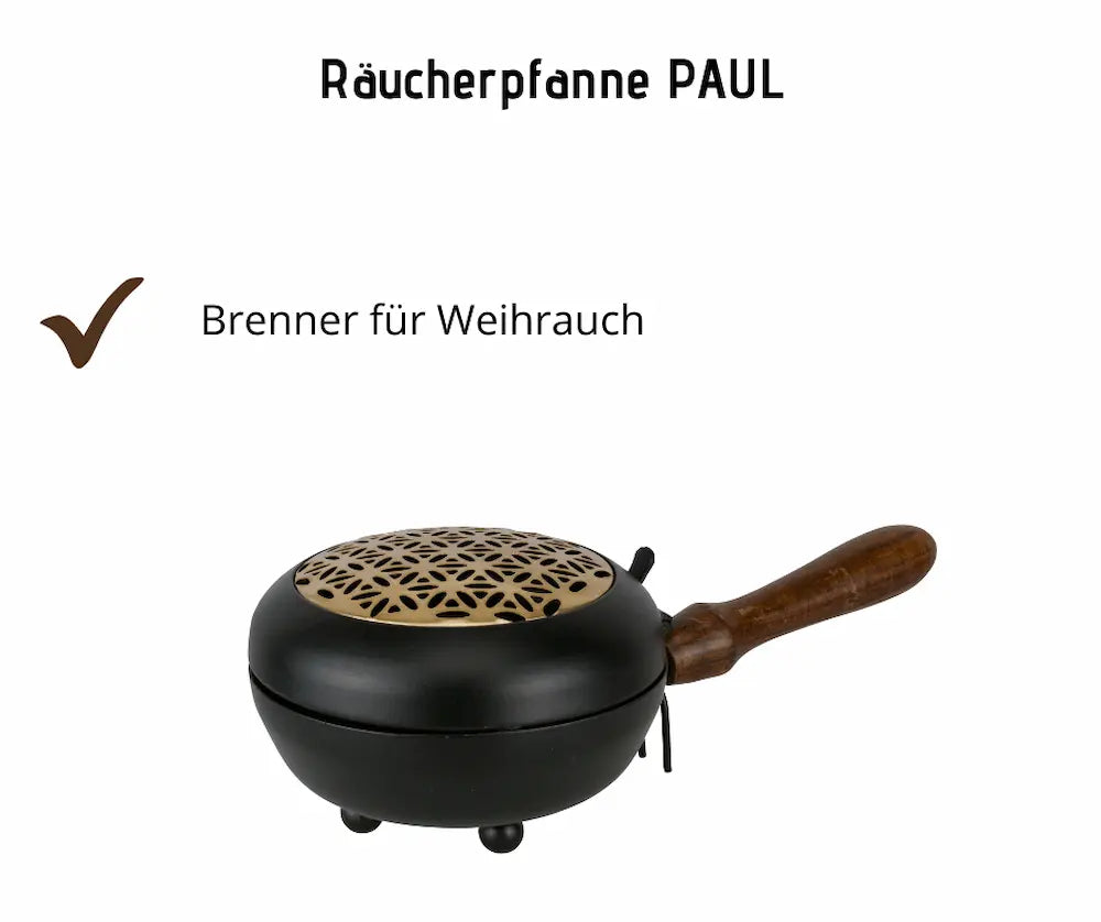 Räucherpfanne PAUL in Schwarz mit goldfarbenem Siebdeckel im Blütenmuster und Holzgriff, Brenner für Weihrauch