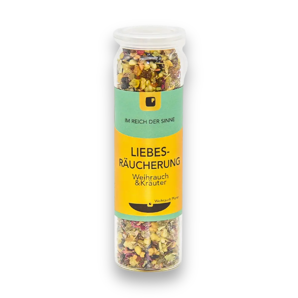 Glasröhrchen mit Räuchermischung aus Weihrauch und Kräutern, grün-gelbes Etikett mit Aufschrift Liebes-Räucherung