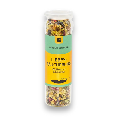 Glasröhrchen mit Räuchermischung aus Weihrauch und Kräutern, grün-gelbes Etikett mit Aufschrift Liebes-Räucherung