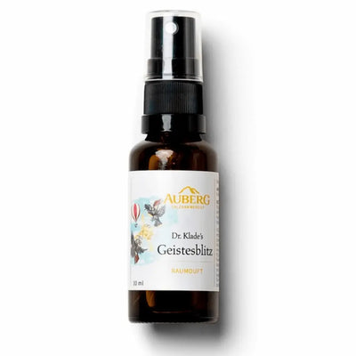 Braune Sprühflasche Auberg Dr. Klade's Geistesblitz Raumduft, 30 ml, mit Etikett und Illustrationen von Heißluftballon und Vögeln.