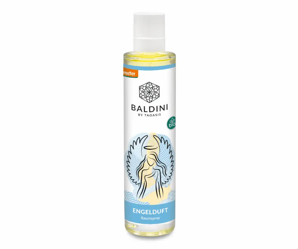 Baldini by Taoasis Engelduft Raumspray in transparenter Flasche mit weißer Sprühkappe, Engel-Motiv sowie Bio- und Demeter-Siegel