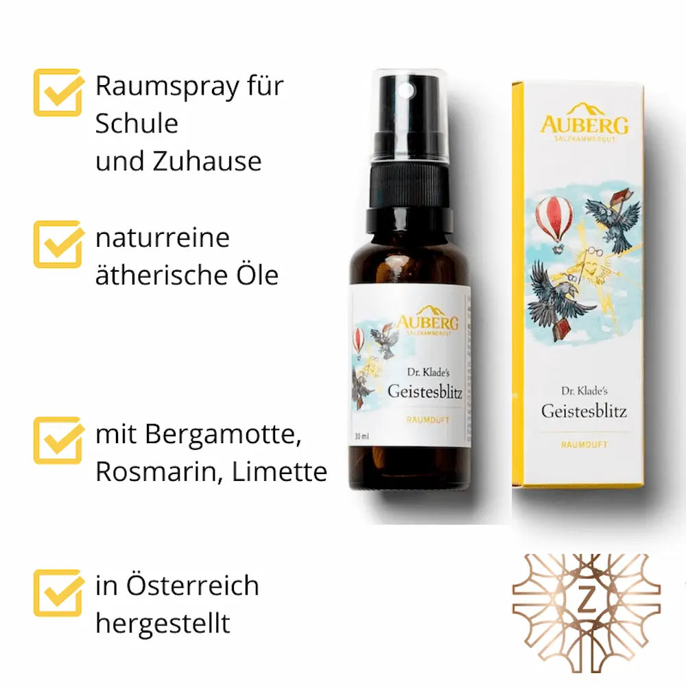 Infografik zu Auberg Dr. Klade's Geistesblitz Raumduft mit Sprühflasche und Verpackung sowie Vorteilen wie ätherischen Ölen und Herstellung in Österreich