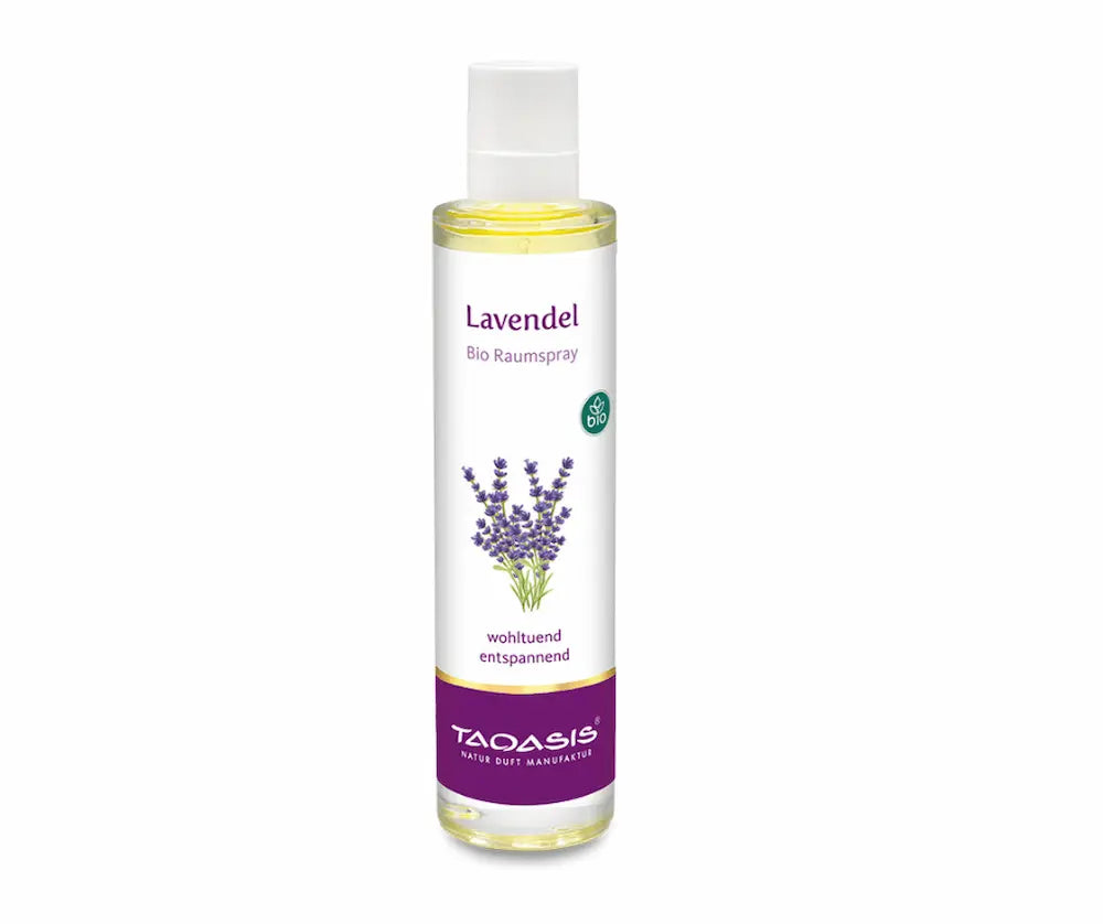 Taoasis Lavendel Bio Raumspray in transparenter Sprühflasche mit weißem Verschluss, Lavendelillustration und Bio-Siegel auf dem Etikett